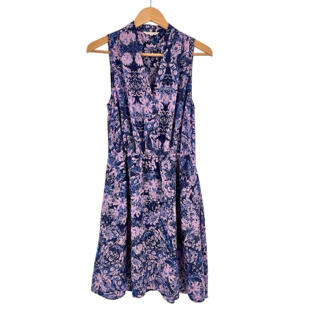 REBECCA TAYLOR Women's Navy Pink Sleeveless V-Neck Lightweight Dress US 6